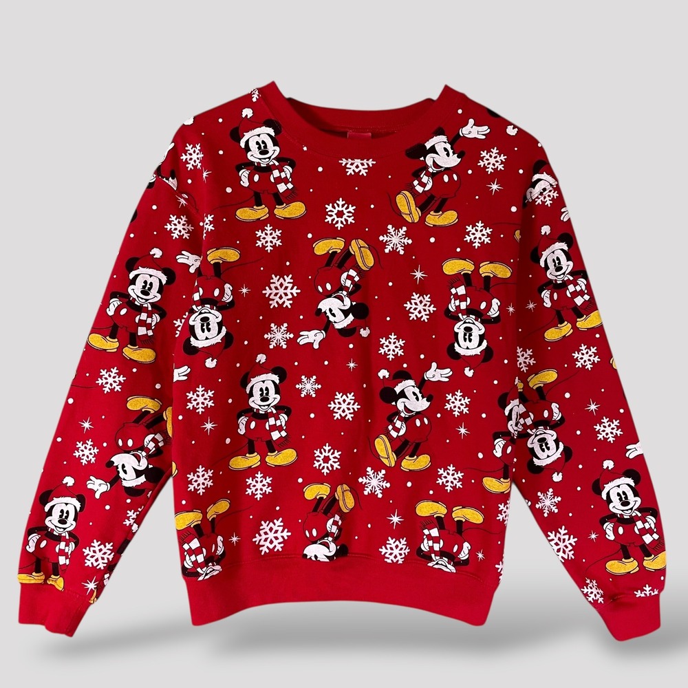 Disney Mickey Mouse Christmas Sweatshirt Womens XS Red Snowflake Holiday